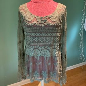 Sundance Lace/Mesh Long Sleeve Embroidered Top